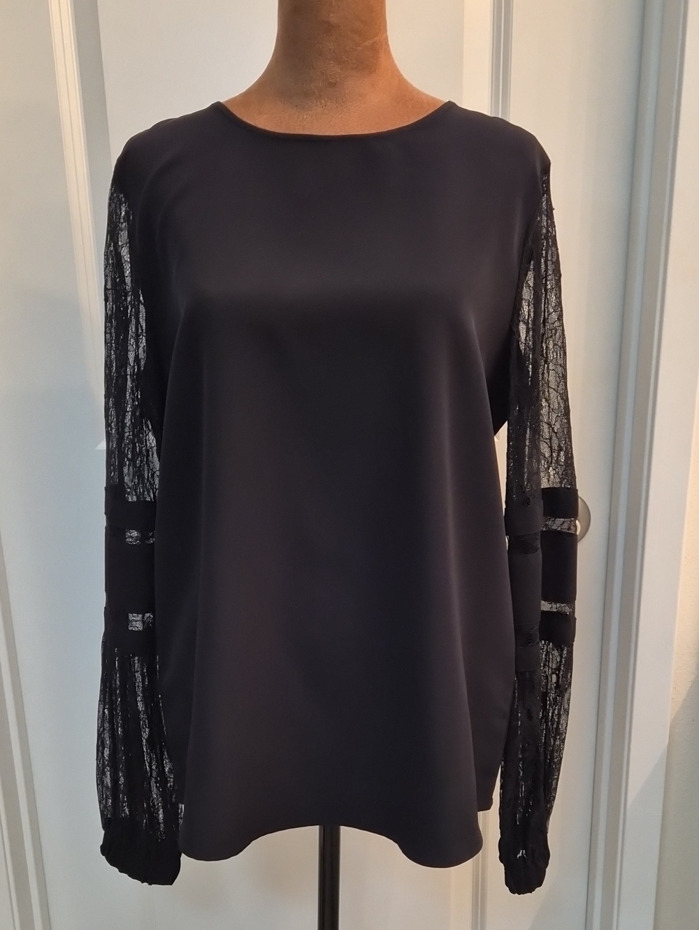 Calvin Klein Black Blouse with Sheer Lace Sleeves